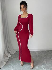 Modelyn Square Neck Sequin Knitted Long Sleeve Women's Dress Fall Cloth For Women - Burgundy - View 5