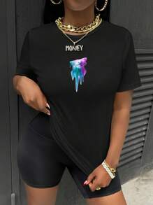 DarkDoll Women Black Fluid Figure Graphic Street Style, Casual Loose Fit Round Neck Short Sleeve T-Shirt, Graphic Tee Suitable For Summer, Rave Western Wear