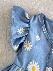 SHEIN Vintaside Kids 女婴连体休闲度假花卉图案 V 领连衣裙，适合夏季、户外度假 - 彩色 - 查看 3