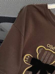 SHEIN Oversized Bear Embroidery & Rhinestone Bow Decor Round Neck Drop Shoulder Mid-Length Women T-Shirt