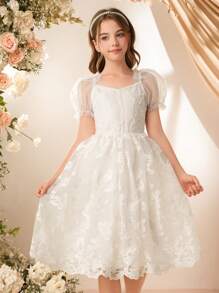 Tween Girl Elegant Luxurious White Puff Sleeve Mesh Lace Trim Midi Dress, Suitable For Evening Party, Valentine's Day, Ball, Birthday, Wedding And Other Occasions - White - View 8