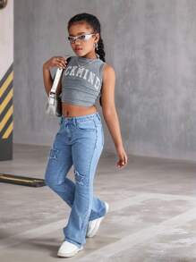 Girls' Star Embroidery Elastic Skinny Flare Jeans,Holiday,Summer,Travel - Medium Wash - View 5