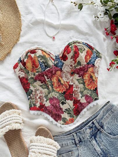 Soleia 优雅波西米亚风热带花卉印花系带荷叶边露脐上衣，适合春夏休闲、海滩、婚礼宾客、毕业典礼、早午餐、圣帕特里克节、春假、复活节、音乐节等场合穿着。