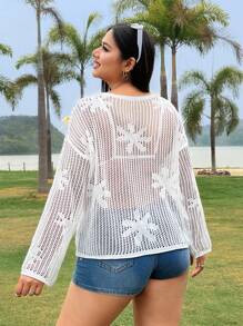 SHEIN EZwear 大码女式蝴蝶结装饰镂空长袖套头衫 - 白色 - 查看 2