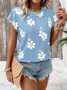 SHEIN LUNE Floral Print Round Neck Patch Pocket T-Shirt Graphic Tees Women Tops