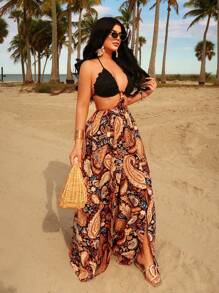 SHEIN SXY Sundress;Spring/Summer Vacation Halter Strap Lace Bust Decor Hollow Out Circle Decor Open Back Paisley Pattern High Slit Dress For Women - Multicolor - View 3