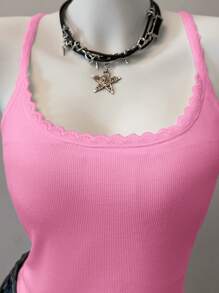SHEIN EZwear Pink Rib Knit Women's Contrast Lace Crop Cami Top - Pink - View 4