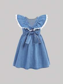 SHEIN Young Girl' White Lace Trim Blue Denim Short Cap Sleeve Dress,Kid Girls Spring And Summer Casual Vacation Country Boho Wear, Beach Outfits For Kid Girls,Easter Dress, Spring Break Spring Break Outfits Outfits