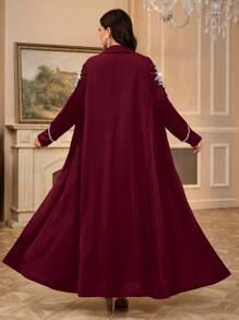 Al Najma Plus Size Women Floral Faux Pearl Abaya, Modest Robe - Burgundy - View 2