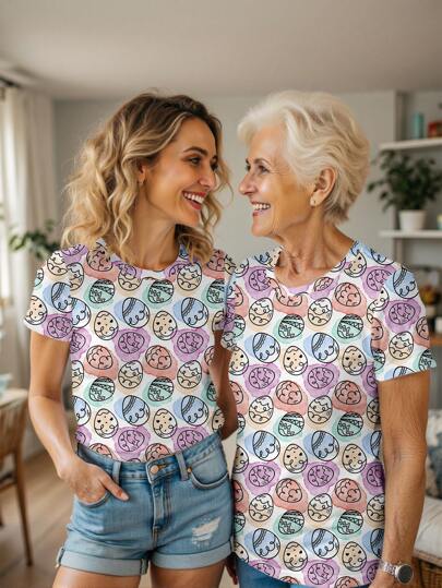 Sil Medeiros Women's Summer Short Sleeve Easter Egg Printed Bohemian Beach Pink Color Pattern Cotton T-Shirt, Mother's Day Top, Grandmother's T-Shirt, Elderly Top, Graphic Tees, Rave Western Wear