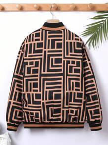 SHEIN Boys' Loose Fit Casual Stand Collar Patterned Fleece Jacket - Black - View 2