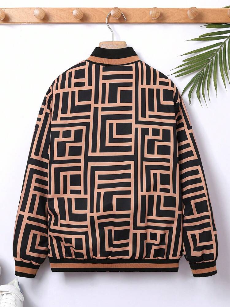 Boys' Loose Fit Casual Stand Collar Patterned Fleece Jacket