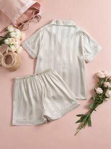 Tween Girls Striped Shorts Sleeve Pajama Set,Cute Off-White Summer Sleep Clothes,Soft & Comfortable Shirt Sets For Young Girls - Champagne - View 2