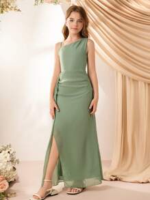 Vestido largo elegante de gasa con tirantes finos para niñas, con volantes, abertura, apropiado para niña de las flores, dama de honor, boda, fiesta de cumpleaños, baile de graduación - Verde - Ver 5