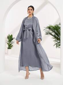 Al Najma Women's Contrast Color Metallic Lantern Sleeve Arab Abaya, Modest Robe,Only Abaya,Not Sets