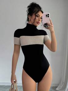 INAWLY Fitted Mock Neck Color Block Ribbed Short Sleeve Black Bodysuit For Women - Black - View 3