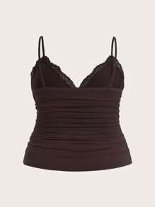 SHEIN ICON 大码纯色蕾丝极简吊带背心 - 棕色 - 查看 2