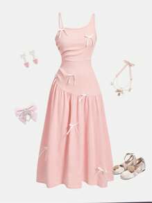 SHEIN 少女休闲优雅度假连衣裙，粉色细肩带连衣裙，带蝴蝶结和荷叶边下摆，适合春夏季外出和度假 - 粉色 - 查看 2