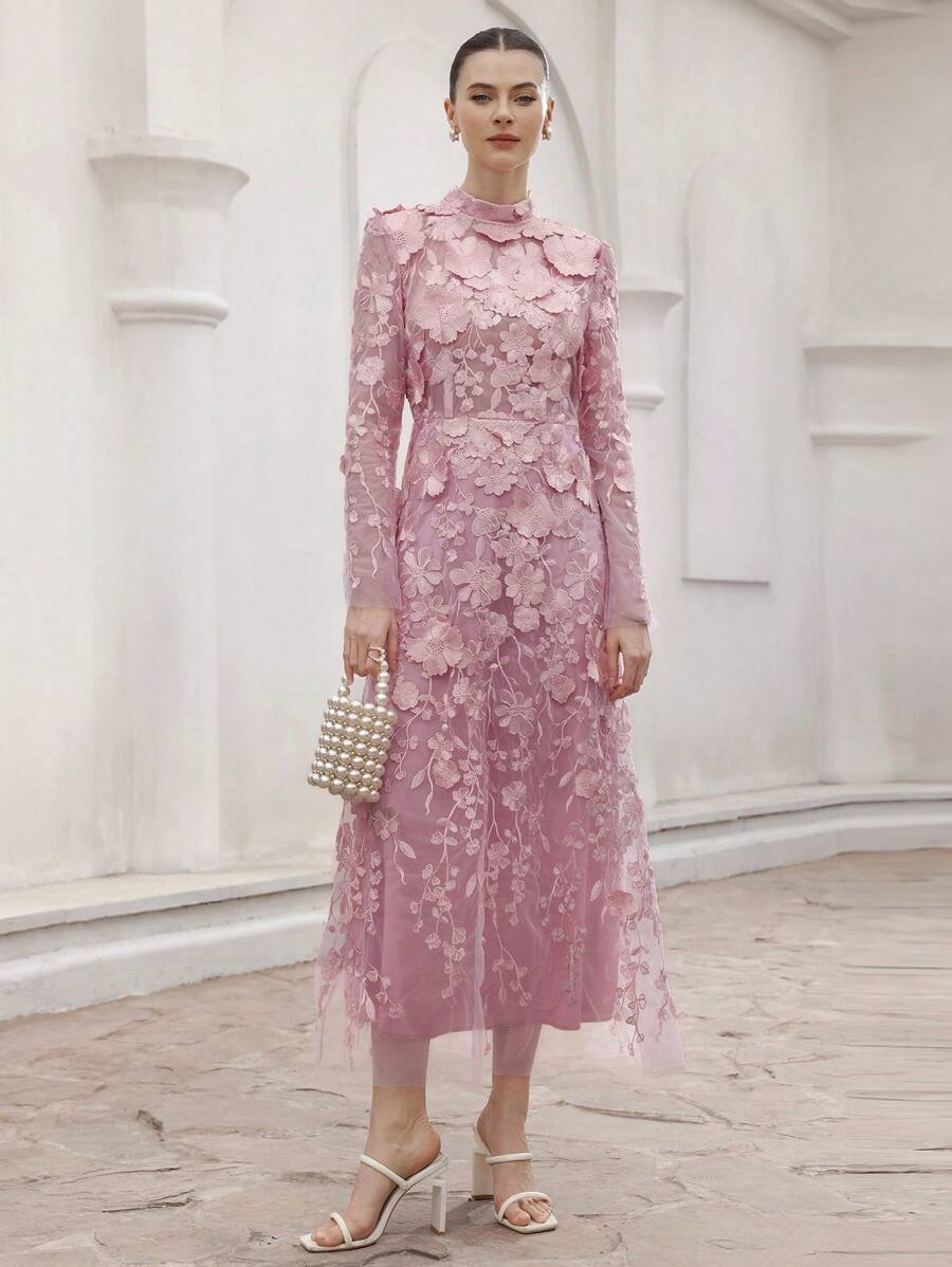 Aveloria Rosie Đầm dài tay ôm eo thêu hoa lãng mạn thanh lịch dành cho nữ, cảm giác sang trọng cho tiệc tùng và ngày lễ tình nhân, mùa xuân - Hồng - Xem 1