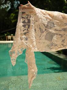 Swim Chiccia Women's New Summer Solid Color Elegant Sexy Beach Cover-Up, Long Hollow Back Lace Knit Swimwear - Apricot - View 7