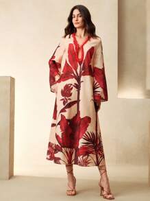 Anewsta Holiday, Casual, Festival, Vacation, Beach Ladies' Spring/Summer New Fashion Coconut Tree Printed Wine Red Holiday V-Neck Long Dress - Red - View 6