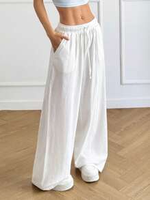 SHEIN EZwear Plus Size Women White Loose Drawstring Waist Wide Leg Baggy Pants,Pockets,Fall,Winter,Back To School,Going Out,Business Casual,Office Outfits,Work,Teacher - White - View 4