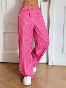 SHEIN EZwear Casual Pink Striped Wide Leg Low-Rise Pants - Hot Pink - View 5