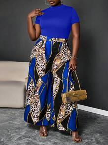 Maweii 2pcs Plus Size Solid Color Short Sleeve Top And Long Pants Set, Simple And Fashionable, Suitable For Summer