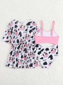 1pc Young Girl One-Piece Swimsuit, Random Print, With Cover-Up - Pink - View 2