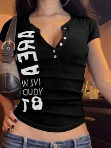 SHEIN EZwear 女士黑色字母纽扣短袖休闲短款 T 恤