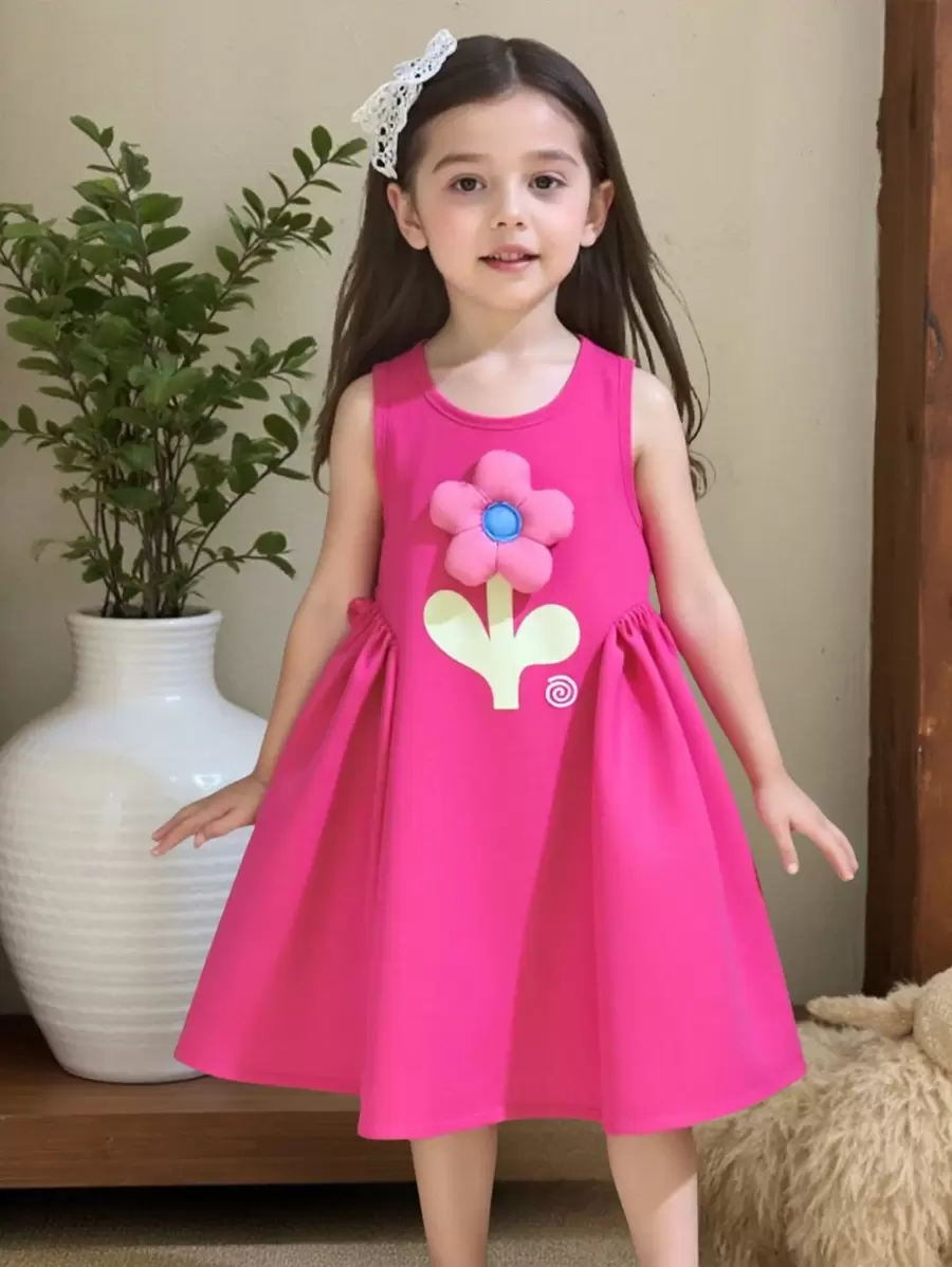 Elladie kids 年轻女孩可爱花卉 3D 装饰无袖连衣裙，年轻女孩量身定制 3D 剪裁设计连衣裙，适合夏季花园、休闲或学校穿着 - 紅色 - 查看 1
