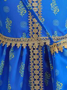 1pc Modest Elegant Red Digital Floral Print Long Sleeve Dress With Golden Trim For Young Girl, Accessorized With Crossbody Bag, Spring - Blue - View 7