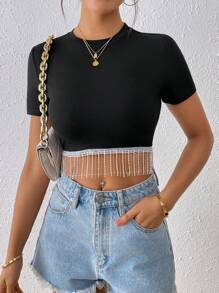 Chiquease 女士短袖水钻流苏闪光针织修身休闲派对 T 恤，夏季