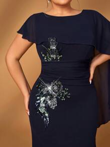 Serin Đầm dạ hội trang trọng cỡ lớn thanh lịch lãng mạn bất đối xứng cổ áo bèo nhún eo xếp ly viền đuôi cá cho các bà mẹ - Màu xanh hải quân - Xem 5