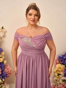 SHEIN Belle 大码优雅浪漫粉色露肩荷叶边 A 字形雪纺长款伴娘礼服 - 粉色 - 查看 2