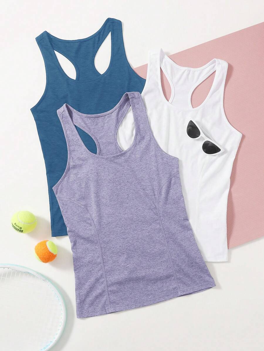 Gameset SHEIN Sport 3pcs Women's Solid Color Round Neck Racerback Athletic Tank Top, Summer - Multicolor - View 1