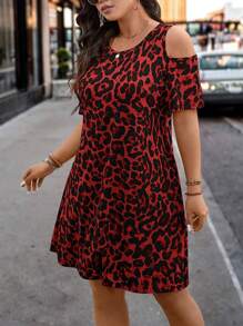 SHEIN LUNE Vestido de hombros descubiertos con estampado de leopardo y recortes para mujer de talla grande, vestidos de verano para mujer, estampado de guepardo, atuendos para rave y festivales, ropa occidental para mujer, estilo bohemio, hippie, vaquera, conjunto bohemio