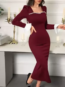 Modelyn 女士方领拼色水钻装饰优雅长袖连衣裙长款晚礼服 - 酒紅色 - 查看 1