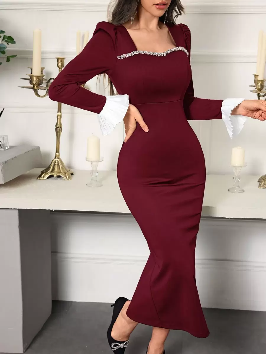 Modelyn 女士方领拼色水钻装饰优雅长袖连衣裙长款晚礼服 - 酒紅色 - 查看 1