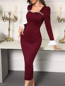 Modelyn 女士方领拼色水钻装饰优雅长袖连衣裙长款晚礼服 - 酒紅色 - 查看 4