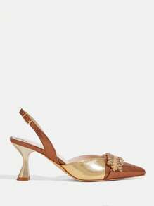 CUCCOO TILAWA Women's Elegant Pointed Toe High Heel Shoes, Sparkling Crystal Decor, Color Blocking, Stiletto Heel, Metallic Material, Perfect For Parties, Formal Events, Ceremonies - Brown - View 4
