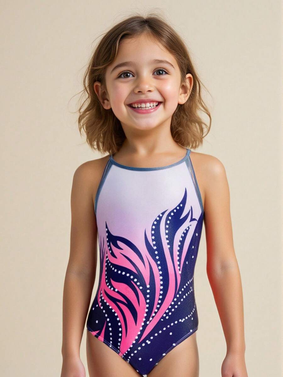SHEIN Young Girls Floral Activewear Gymnastics Leotard With Spaghetti Strap Neckline, Racerback And Snap Button, Deep Purple - Purple - View 1
