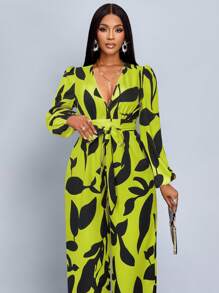 SOLERSUN Mono de pierna ancha con mangas farol y estampado todo sobre para uso diario elegante