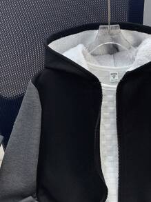 SHEIN 兒童青少年男孩開學休閒連帽對比色保暖內裡厚實梭織黑色秋冬夾克，適合學校、花園、生日 - 黑色 - 查看 6