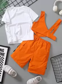 SHEIN Young Boy Street Style Short Sleeve Round Neck T-Shirt, Cool Workwear Patchwork Vest, Loose Shorts 3-Piece Set, Comfortable And Fashionable For Spring And Summer Khaki Young Boys Setsgreen Young Boys Sets - Multicolor - View 2