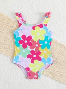 SHEIN Cute Floral Print Ruffled Baby Girl Swimsuit Beach Outfit - Multicolor - View 4