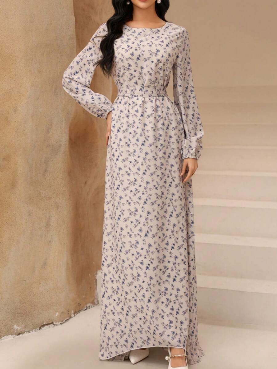 Graceveil 女士复古碎花灯笼袖收腰休闲连衣裙，清新优雅，端庄大方 - 白色 - 查看 1