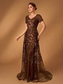 Serin Elegante y lujoso vestido de noche de gasa marrón con parches de encaje bordado en forma de escote en V y cola de sirena con lentejuelas, adecuado para vestidos de noche, fiestas, bodas, luna de miel y madres de la novia