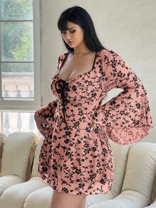 Flirla 大码系带印花休闲夏装，简约时尚 - 粉色 - 查看 6