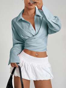 Flirla Camisa suelta con lazo a la cintura y corta para mujer